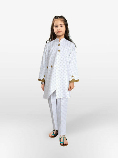 Off-White and Mud Brown Velvour Girls Printed Stitched 2-Piece Suit-VG82-C