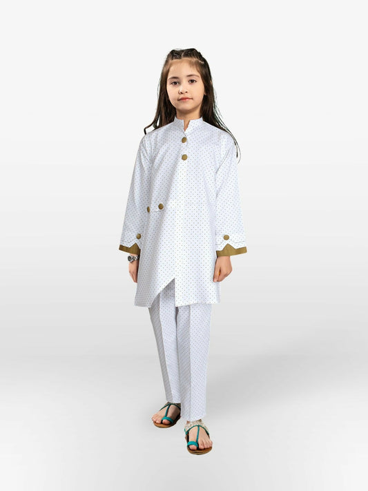 Off-White and Mud Brown Velvour Girls Printed Stitched 2-Piece Suit-VG82-C