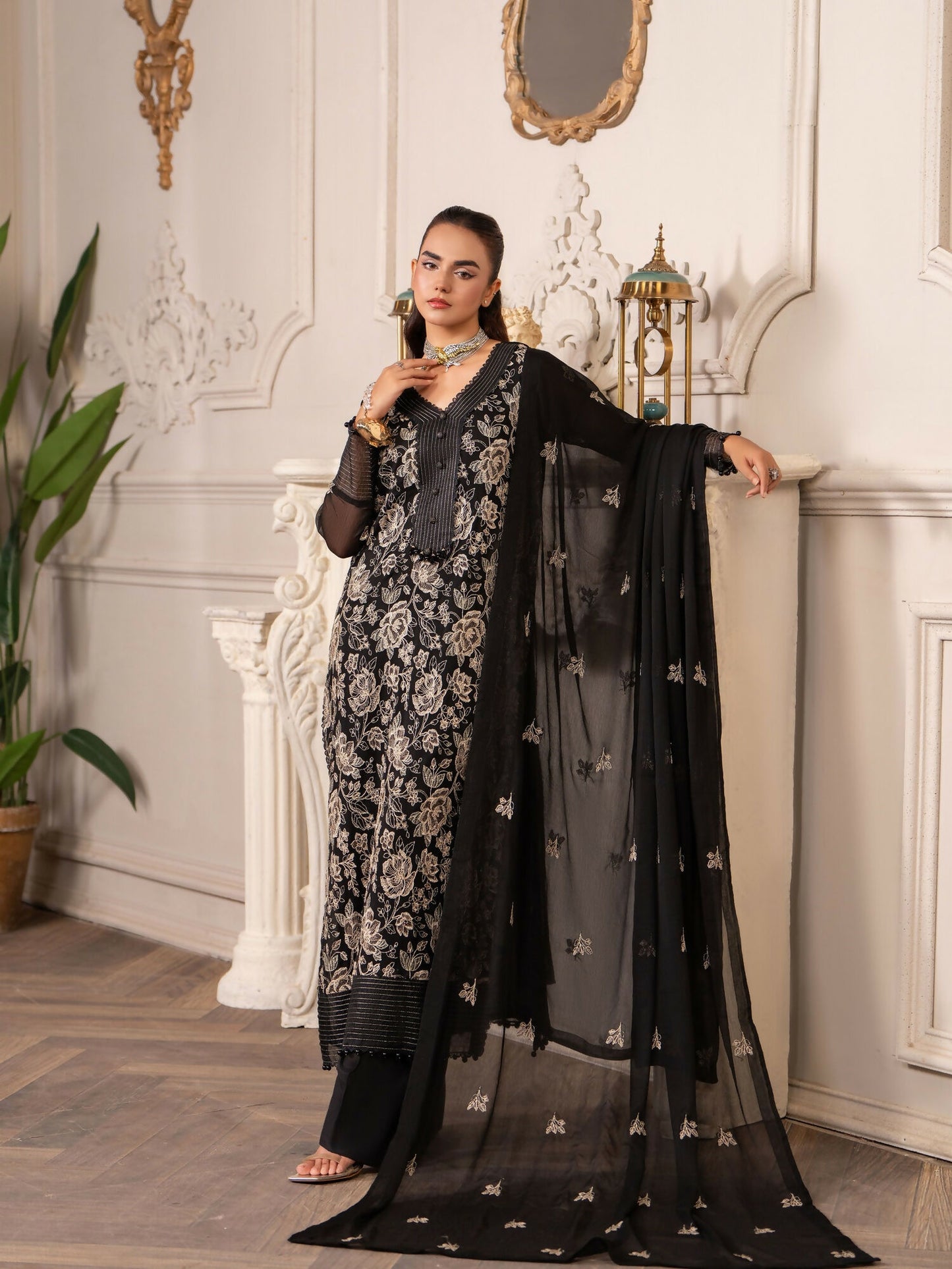 Hemstitch Chiffon Embroidered Stitched 3-Piece Suit-Leia