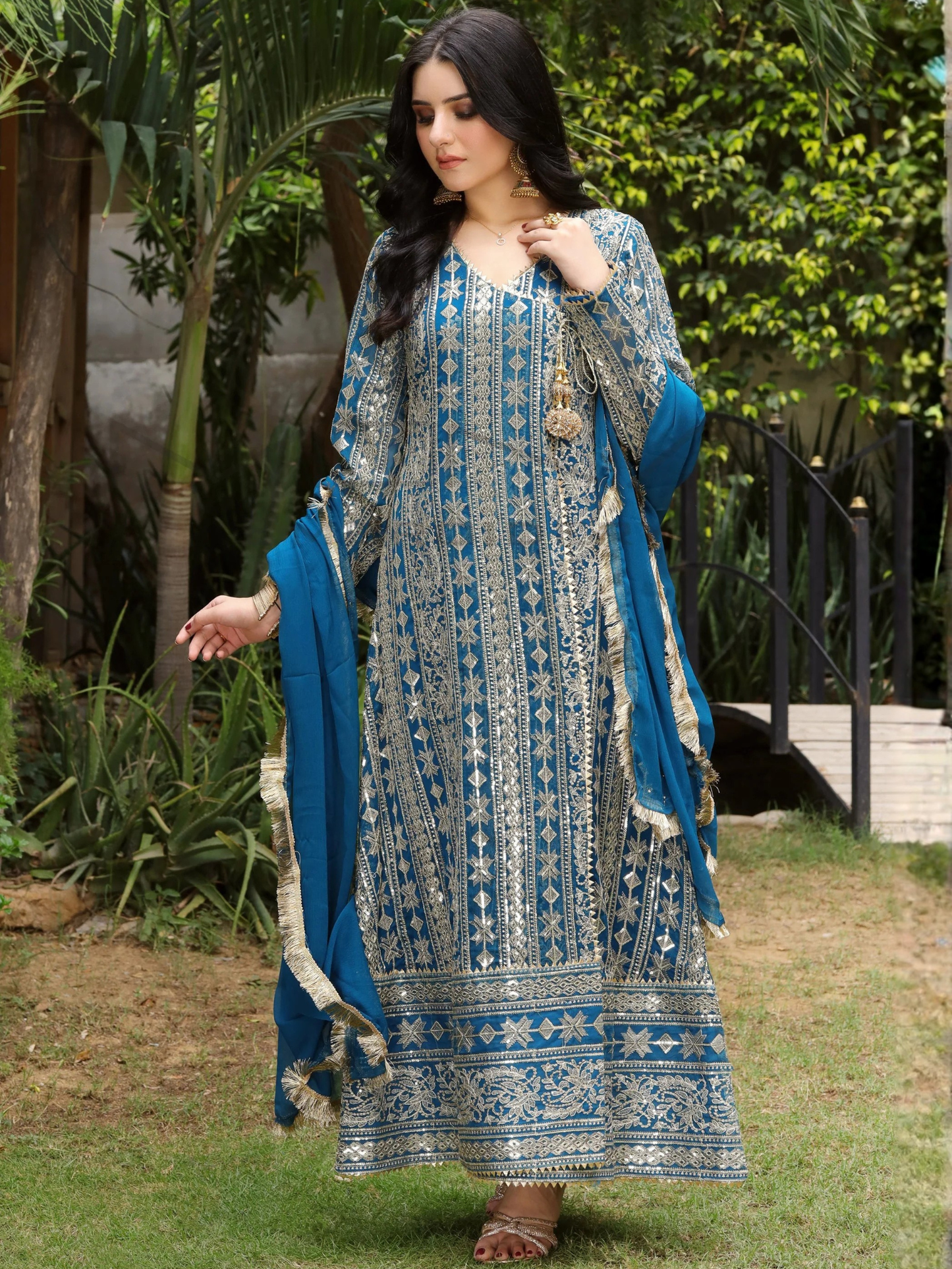 Manahil Arts Chiffon Embroidered Stitched 3-Piece Suit-Kurti 122-Divine- Zinc Blue
