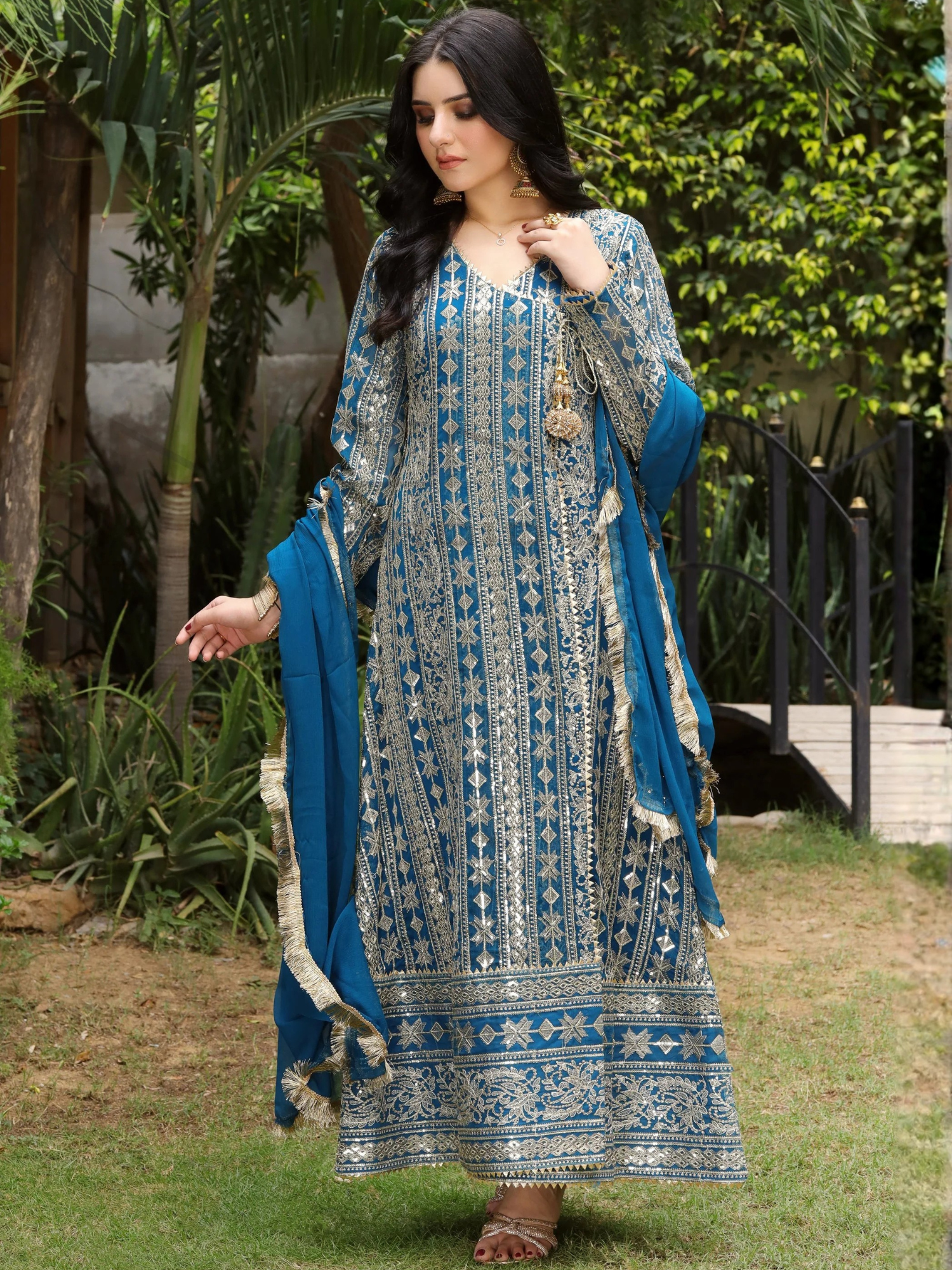 Manahil Arts Chiffon Embroidered Stitched 3-Piece Suit-Kurti 122-Divine- Zinc Blue