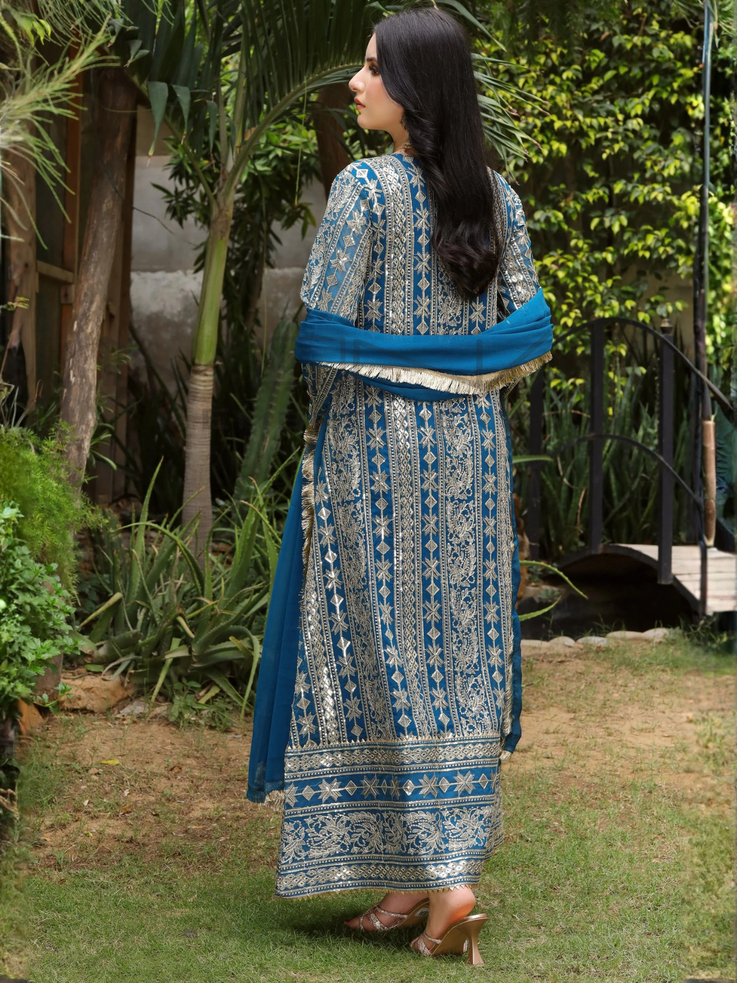 Manahil Arts Chiffon Embroidered Stitched 3-Piece Suit-Kurti 122-Divine- Zinc Blue