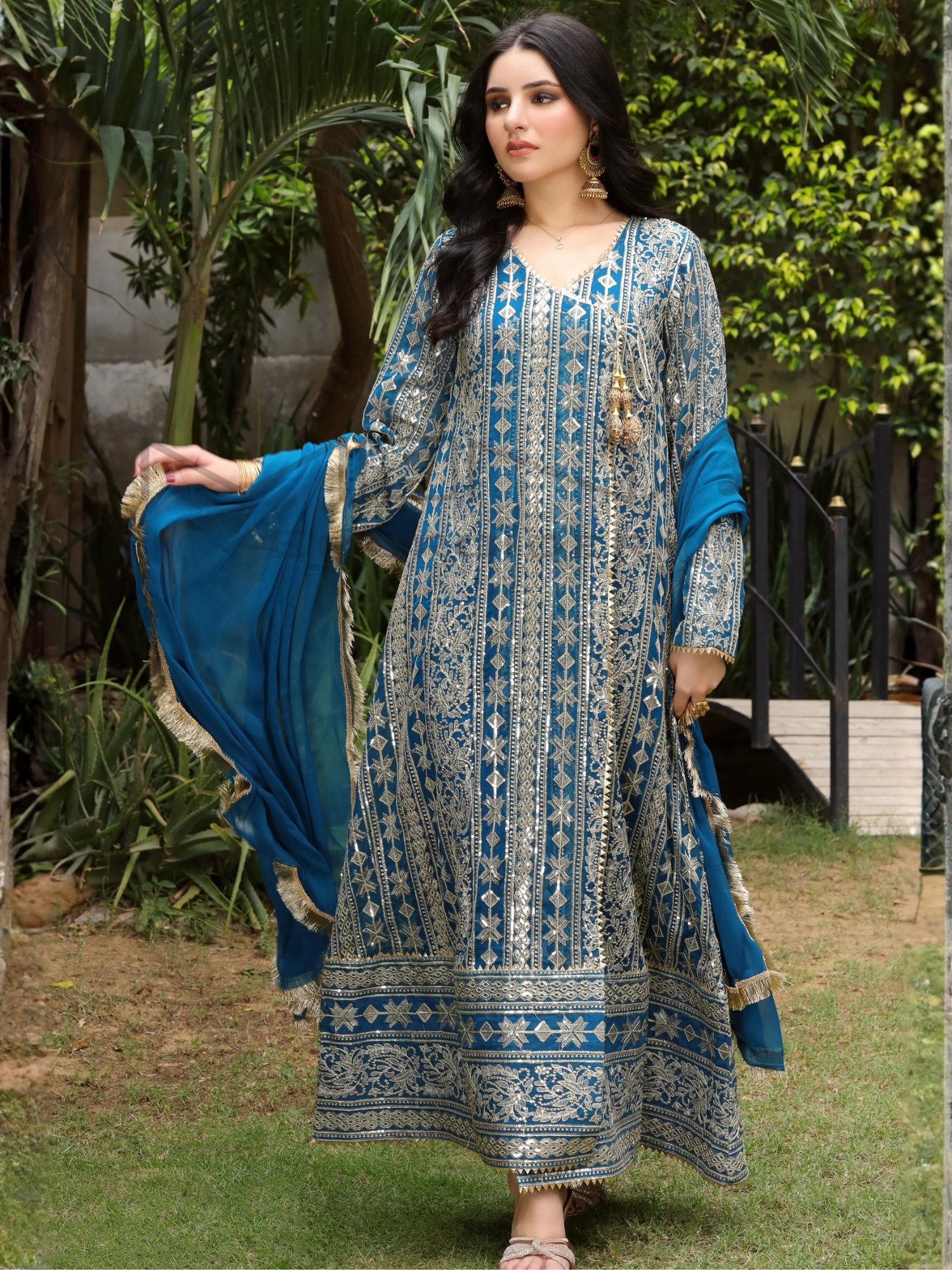 Manahil Arts Chiffon Embroidered Stitched 3-Piece Suit-Kurti 122-Divine- Zinc Blue