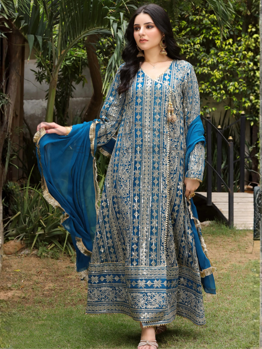 Manahil Arts Chiffon Embroidered Stitched 3-Piece Suit-Kurti 122-Divine- Zinc Blue