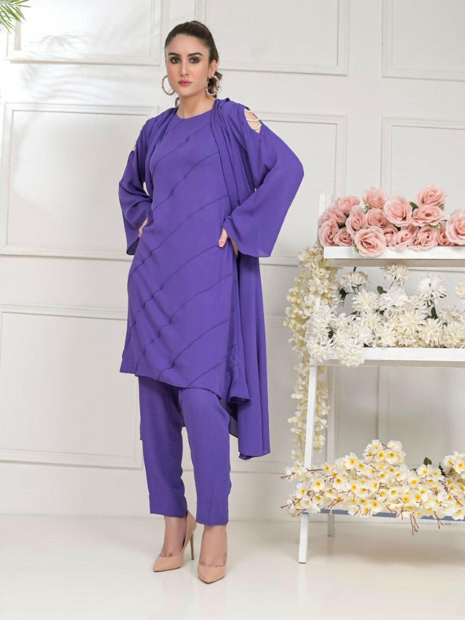 Ruby's Couture Basic Element '25 Georgette Plain Stitched 3-Piece Suit-Asian Blue