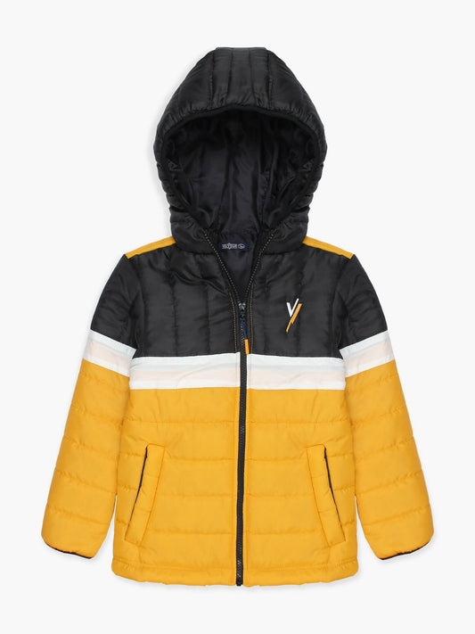 Black , White and Yellow Velvour Printed Puffer Jacket-VJ012-D