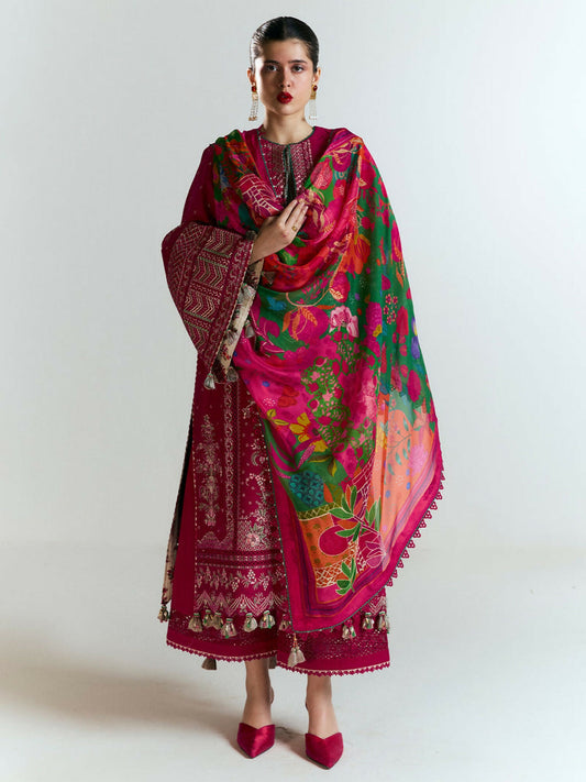 Hussain Rehar unstitched 3-piece suit with embroidered lawn shirt, digitally printed silk dupatta, and cotton trouser, featuring Mughal-inspired threadwork for a festive and elegant look.
