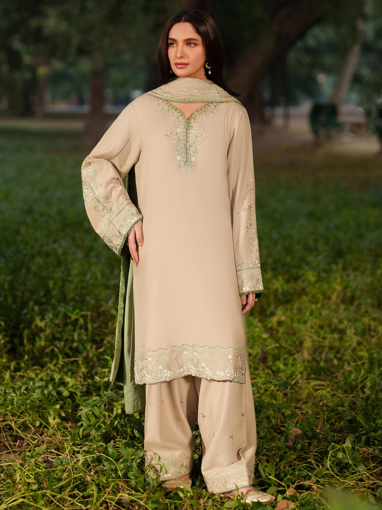 Panache Apparel Winter Solstice Linen Embroidered Stitched Suit-Mistfall