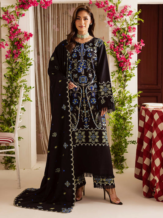Unstitched 3-piece khaddar suit with embroidered shirt, embroidered wool shawl, and plain dyed trouser with embroidered border from Mahnur Nova Khaddar ’25 collection.
