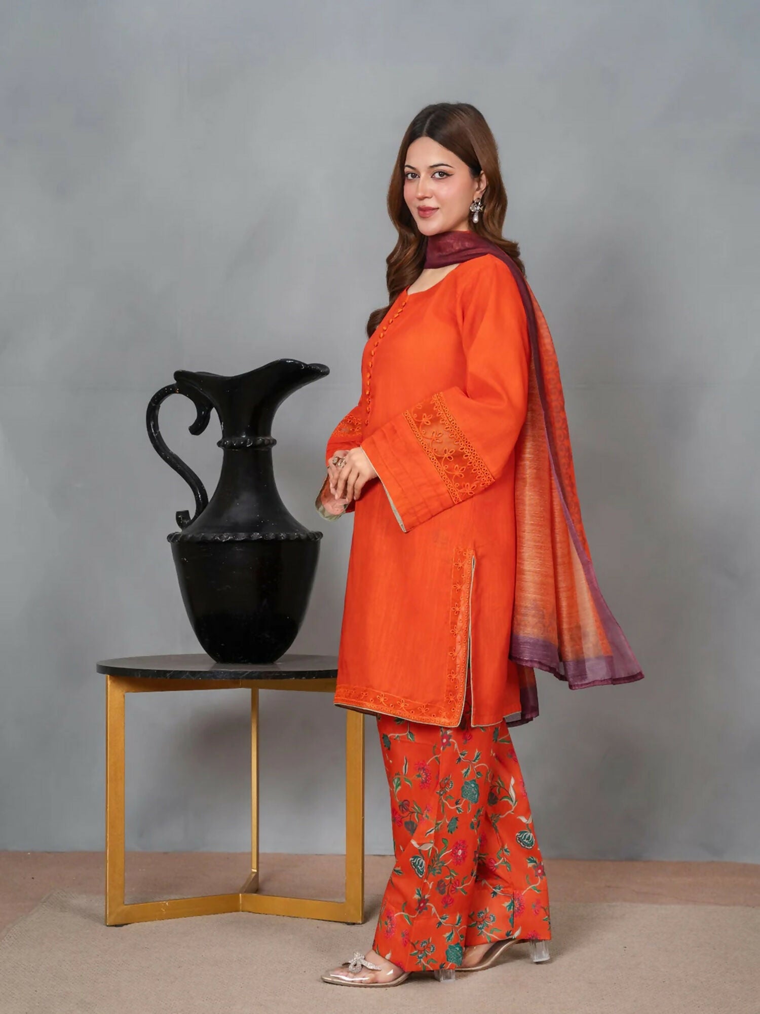 Stylish Collection Musk Raw Silk Printed Stitched 3-Piece Suit-Jahaan