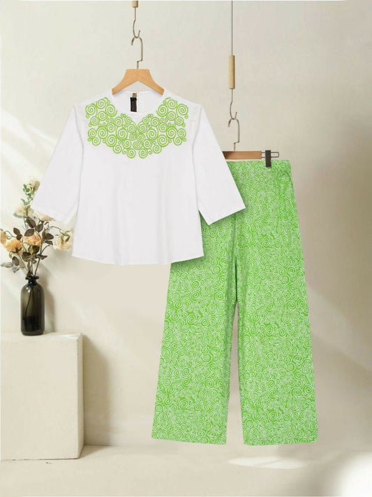 Green and White Velvour Girls Embroidred Co-ord Set-VG162-A