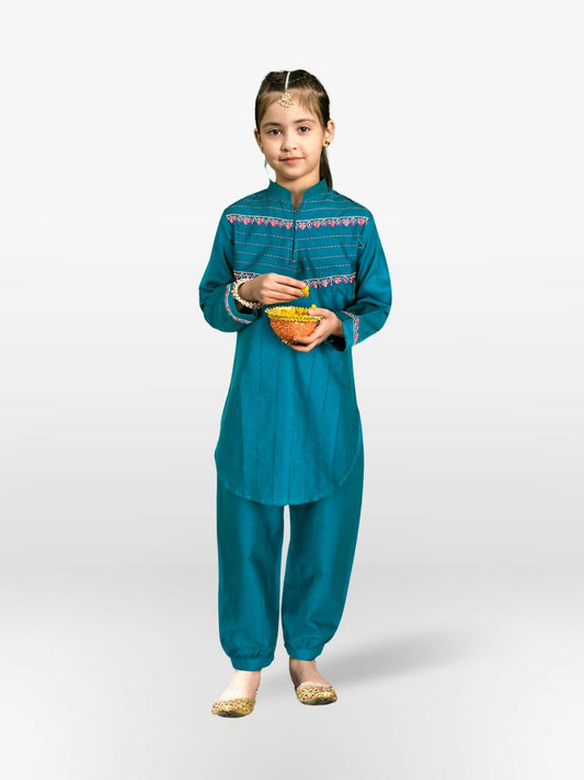 Velvour Girls Cotton Embroidered Stitched 2-Piece Suit-VG68-A