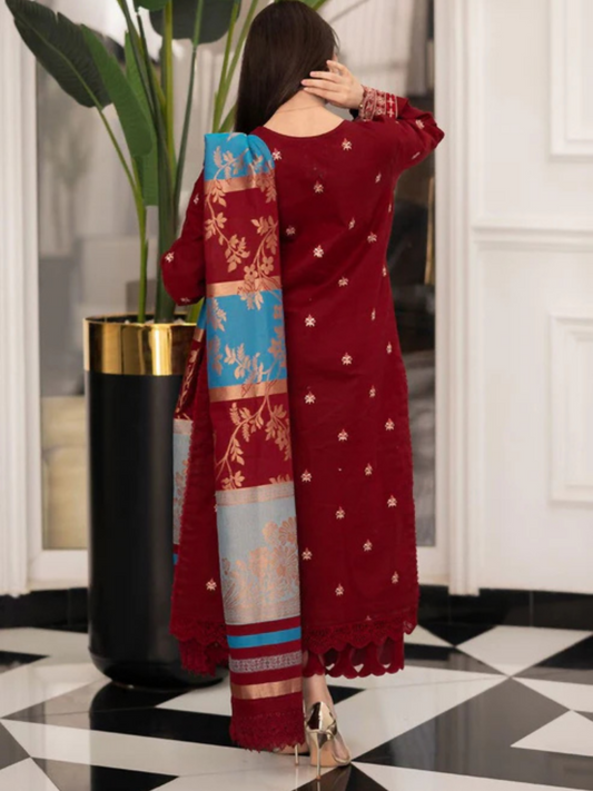 Tawakal Closet Cotton Embroidered Stitched 3-Piece Suit-Haya