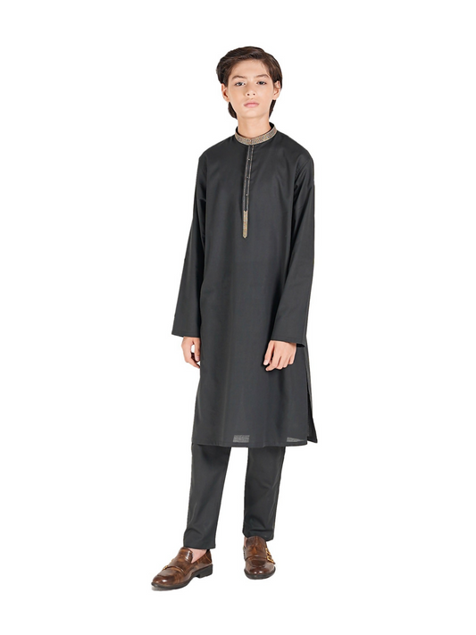 Boy wearing embroidered stitched kurta trouser suit with mandarin collar, full sleeves, and regular fit, perfect for traditional occasions
