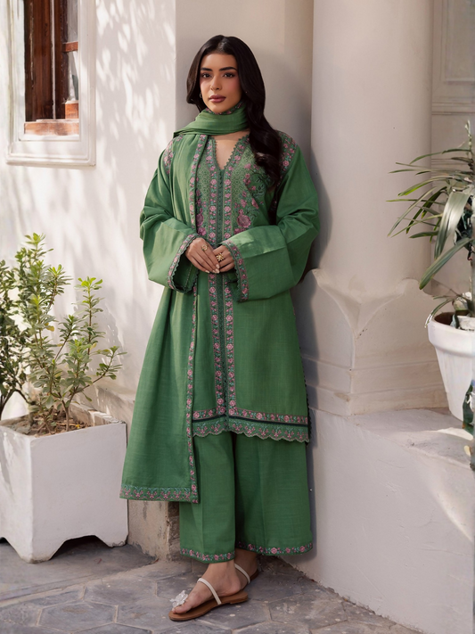 Mannat Clothing Laila Winter Pret '25 Karandi Embroidered Stitched Suit-Basil