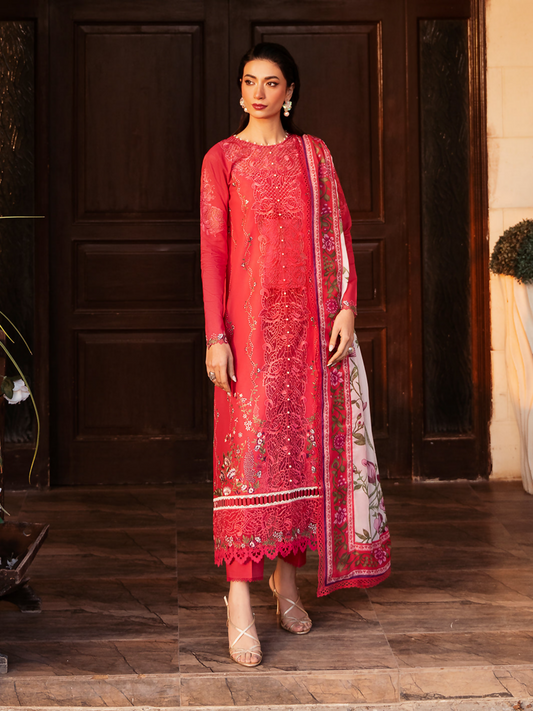 Three-piece embroidered lawn suit with organza front panel, printed silk dupatta, and plain dyed cotton trouser.