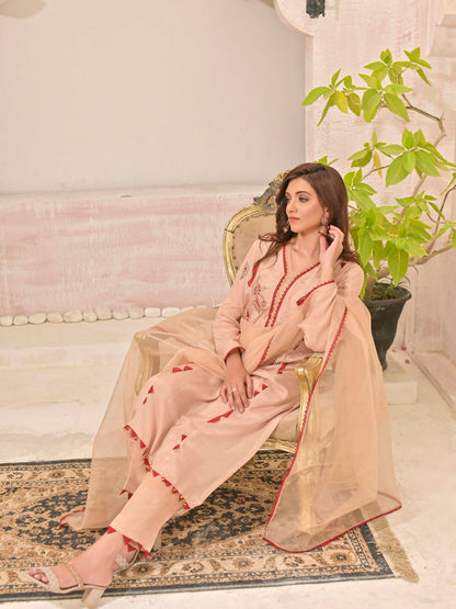 Ruby's Couture Panache Raw Silk Embroidered Stitched 3-Piece Suit-Marigold