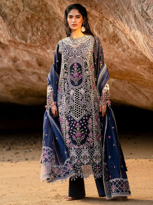 Unstitched 3-piece lawn suit from Mahnur Sirene collection with embroidered shirt, cotton net dupatta, dyed trouser, and lining fabric.