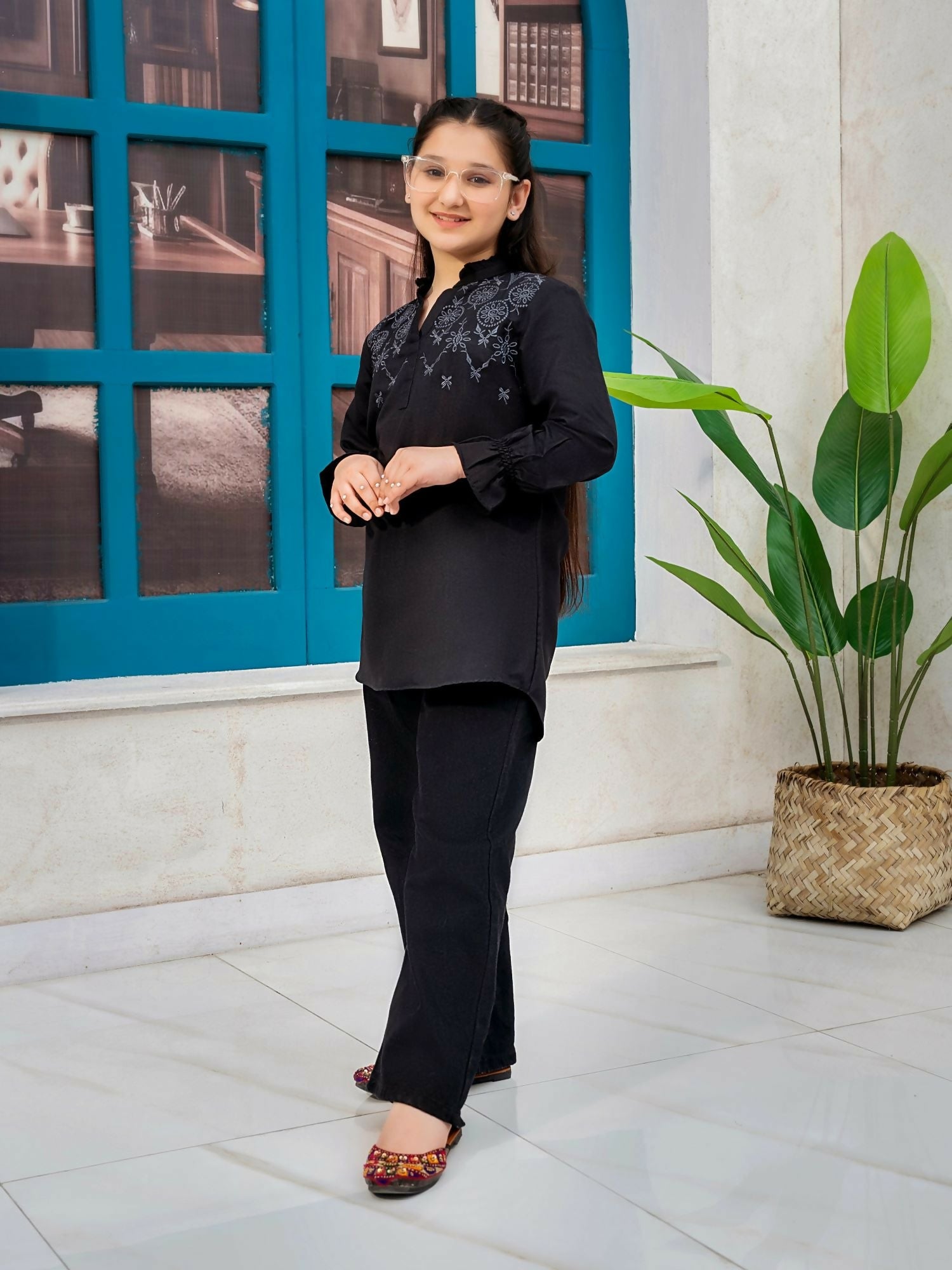 Designer girls' stitched kurti made from premium intermixed cotton, featuring full sleeves and a customized fit for kids. Breathable and soft, ideal for summer wear on both casual and special occasions.