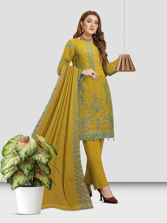 Embroidered Bana Dora Lawn shirt with embroidered Bamber dupatta and plain dyed cotton trouser.