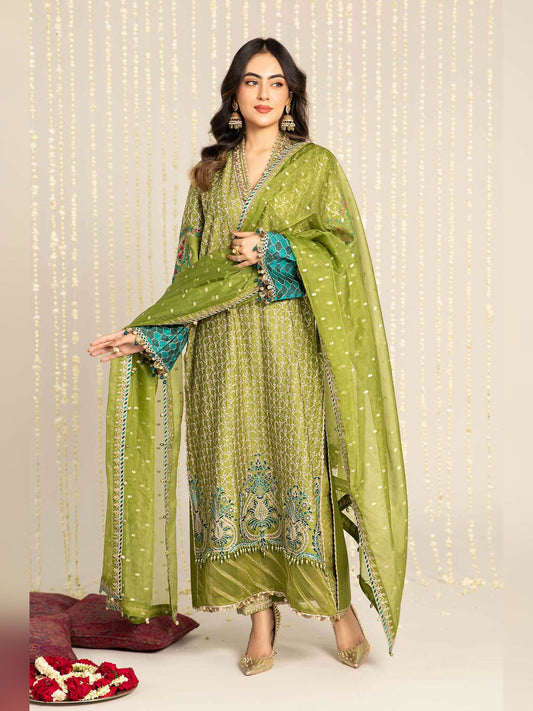 Green Maria.B Sateen Cotton Satin Embroidered Unstitched 3-Peice Suit-CST-803