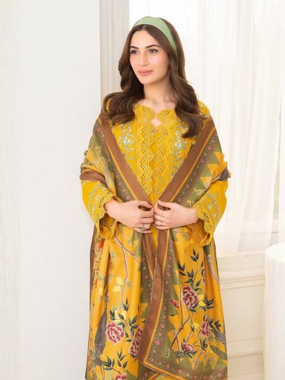 Panache Apparel Winter Basics Khaddar Embroidered Stitched 3-Piece Suit-Golden Hour