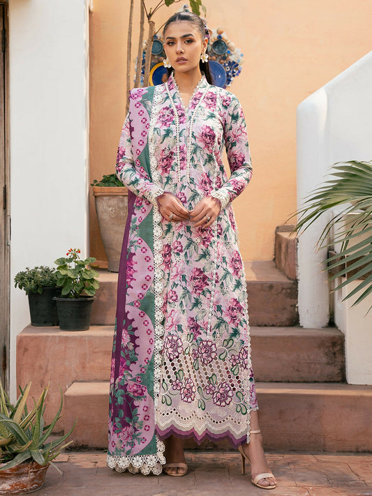 Woman wearing an unstitched pink floral lawn outfit with borer embroidery on the shirt and sleeves, paired with a printed silk dupatta and matching printed trouser. Embroidered lace on the daman and sleeves adds a touch of elegance, perfect for a refined seasonal look.