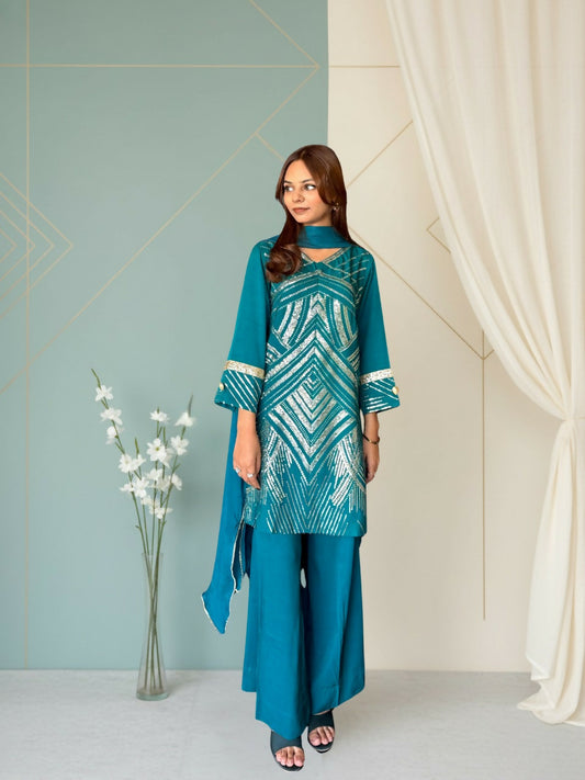 Green Zubia Motiwalla Silk Embellished Stitched 3-Piece Suit-ZM301