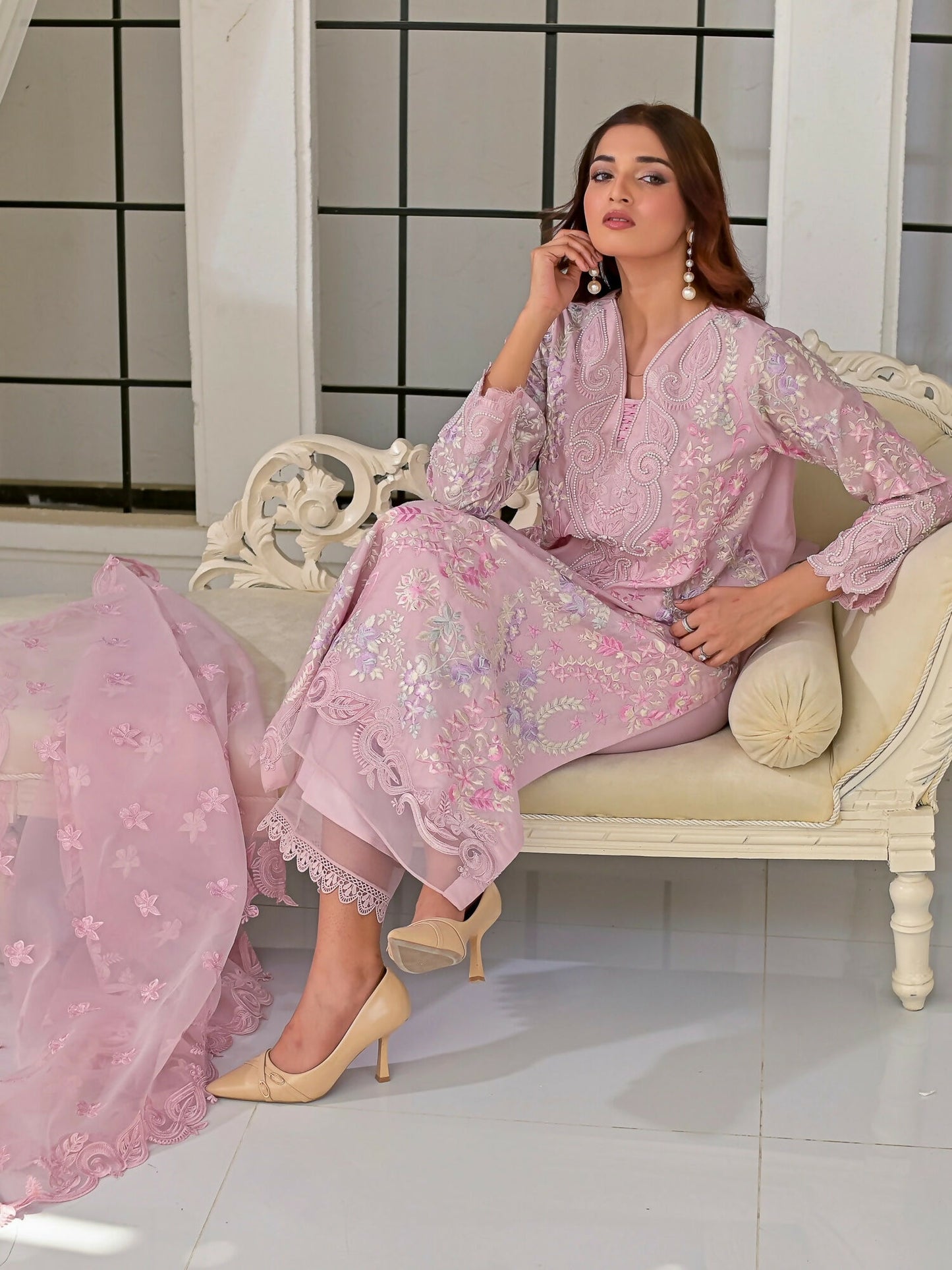 Farooq Hameed Studio Silk Embroidered Stitched 3-Piece Suit-Aura