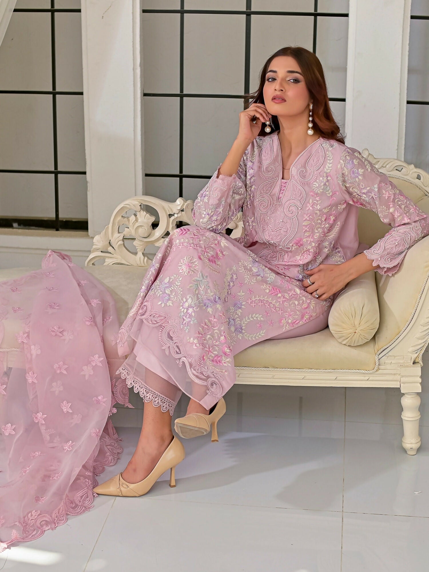Farooq Hameed Studio Silk Embroidered Stitched 3-Piece Suit-Aura