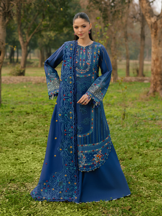 Elegant lawn suit featuring borer and laser embroidery, organza sleeve motifs, embroidered fancy dupatta, and a classic dyed cotton trouser.