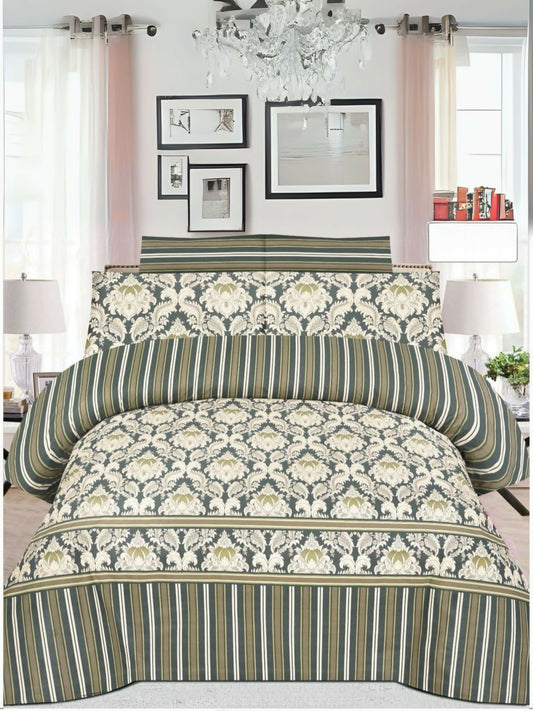 Olive green comforter set with white printed design, includes king size comforter, matching bedsheet, and four pillow covers arranged on a neatly made bed.