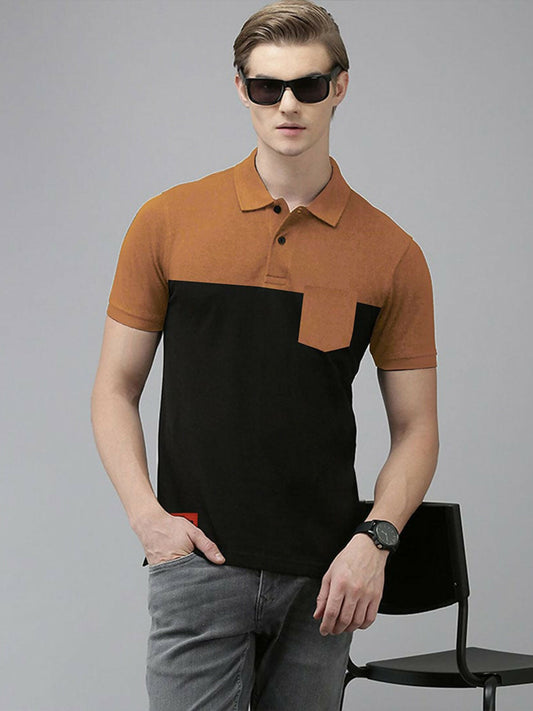 Men's combed cotton pique polo shirt with honey-combed texture, fine knit premium collar and cuffs, color block panel, front vogue pocket, and side vents.