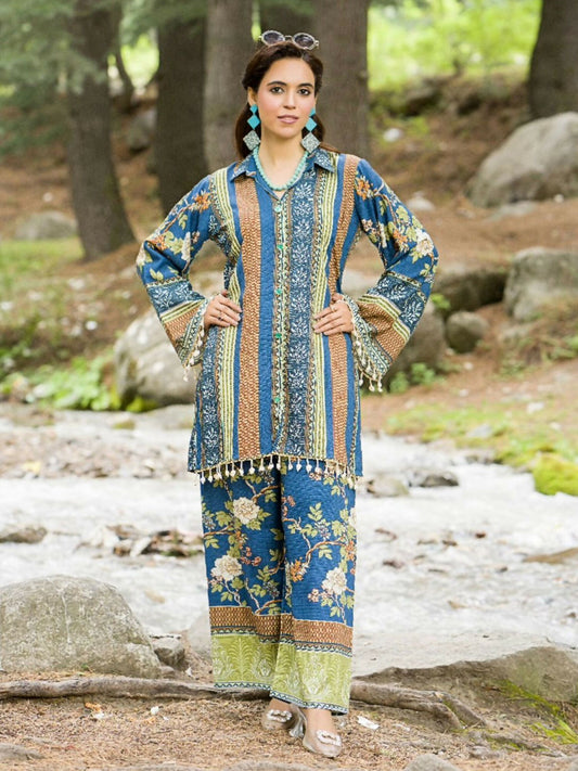 HU Studios Doriya Linen Printed Stitched 2-Piece Suit-Blue Floral Oasis