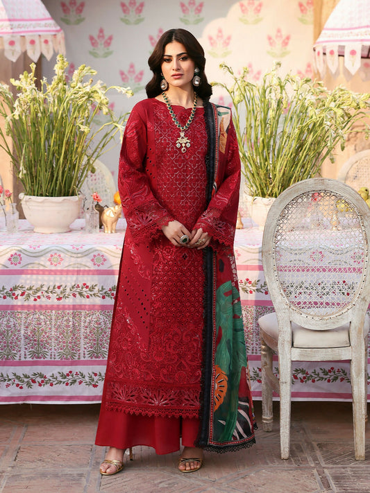 Unstitched 3-piece lawn suit from Mahnur Husn-e-Jahan collection with embroidered shirt, printed silk dupatta, and dyed trouser.