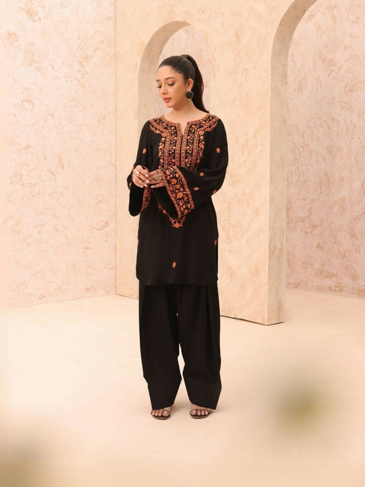 Tehzeeb Libas stitched 2-piece summer lilen suit with long embroidered neckline shirt and matching embroidered plazo.