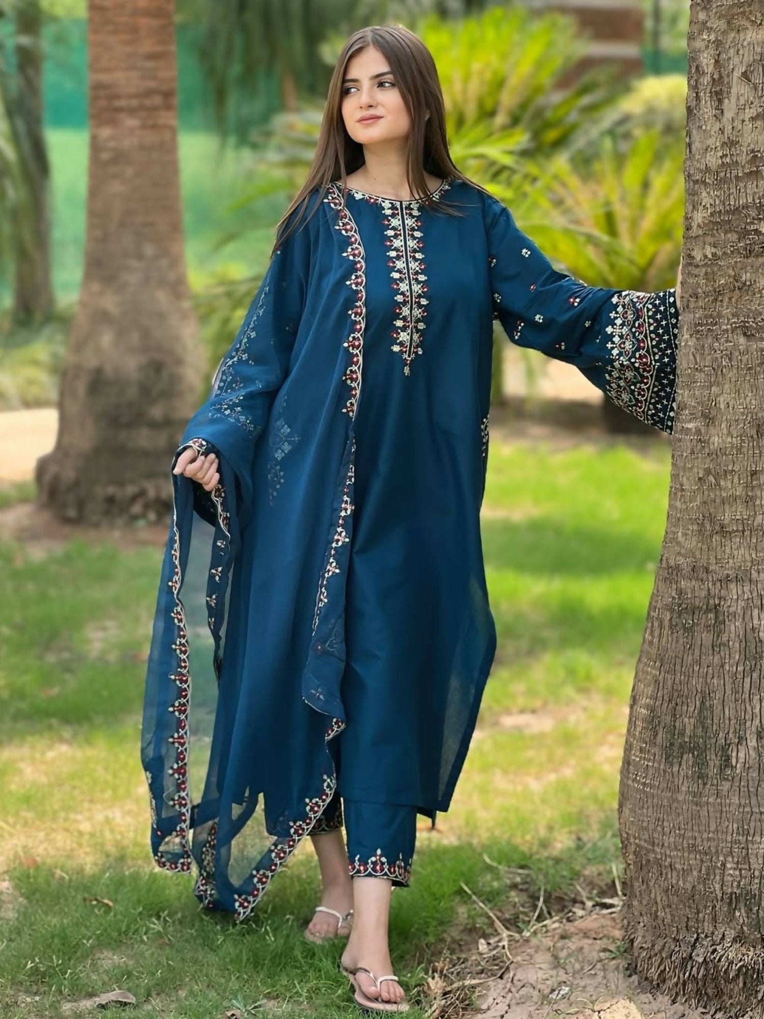 Stitched 3-piece embroidered lawn suit with matching dupatta and trouser from Tehzeeb Libas.