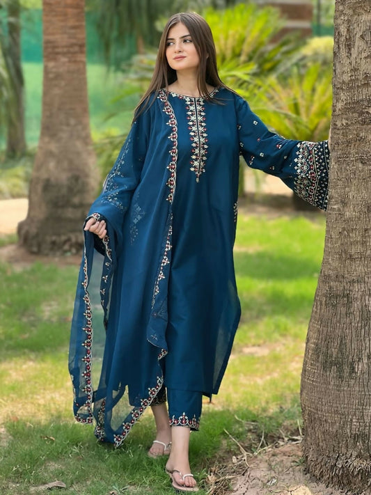 Stitched 3-piece embroidered lawn suit with matching dupatta and trouser from Tehzeeb Libas.