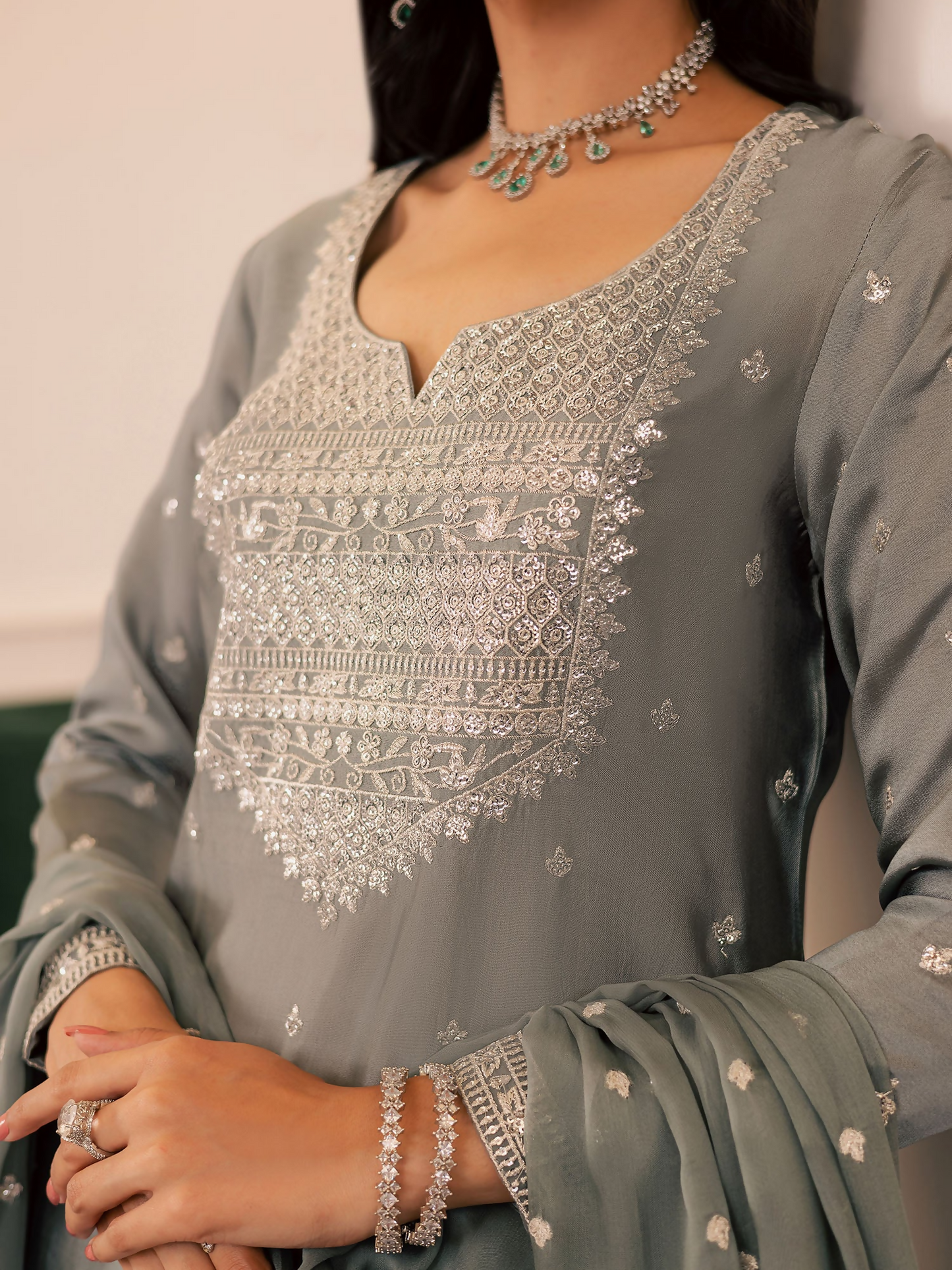 Allure By IH Be-My-Guest Thai silk Embroidered Stitched 3-Piece Suit-Wild Cold