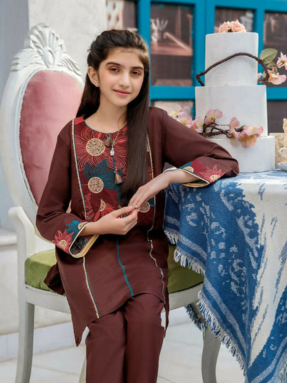 Velvour Girls Cotton Embroidered Stitched 2-Piece Suit-VG109-A