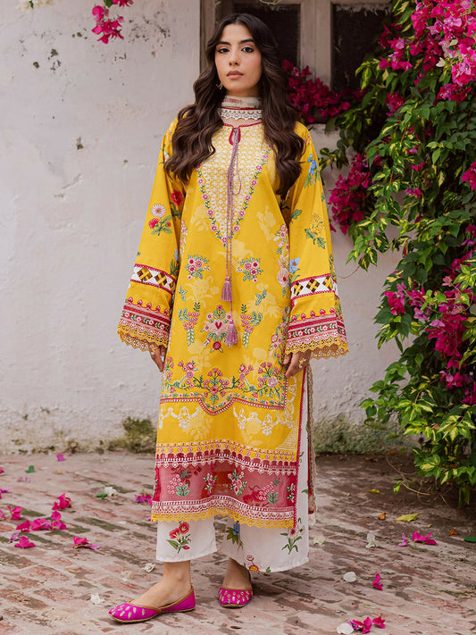 Mahnur Gulzar Viscose unstitched 3-piece suit featuring a printed and embroidered front, printed back and sleeves, embroidered borders for front and sleeves, paired with a printed chiffon dupatta and printed trouser