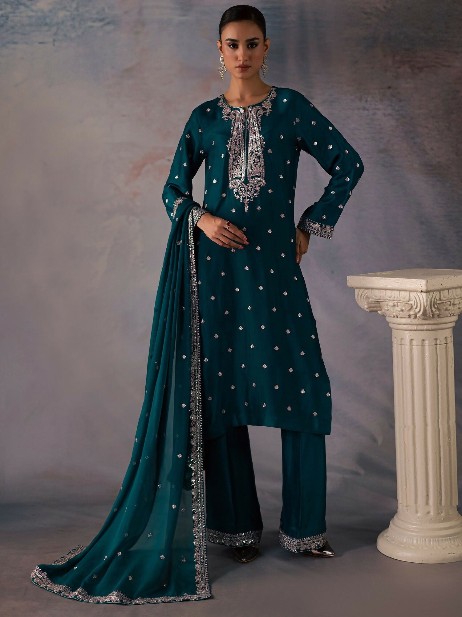 Allure By IH Be-My-Guest Thai Silk Embroidered Stitched 3-Piece Suit-Pine