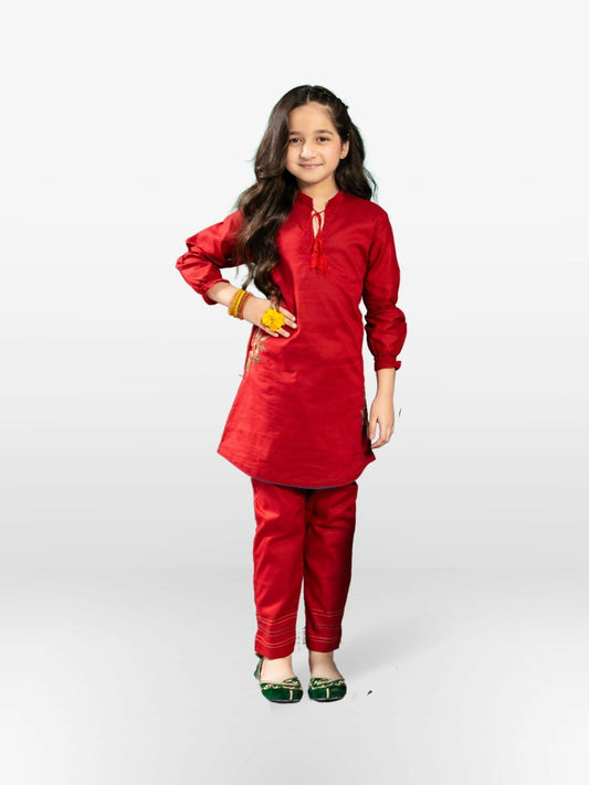 Red Velvour Girls Embroidered Stitched 2-Piece Suit-VG69