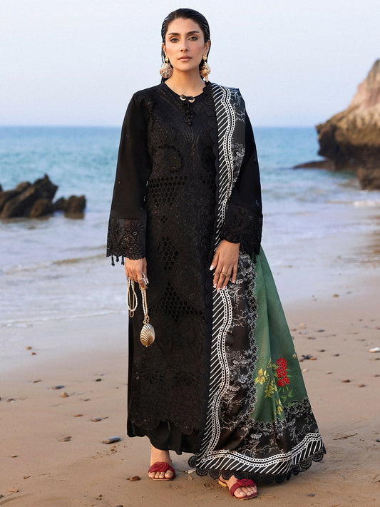 Unstitched 3-piece lawn suit from Mahnur Sirene collection with embroidered shirt, silk dupatta, dyed trouser, and lining fabric.