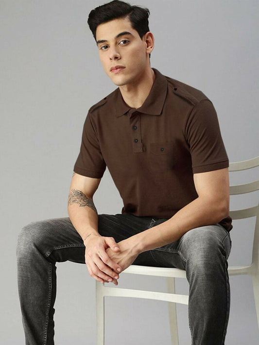Men's cotton pique polo shirt with classic knit collar and cuffs, front flap pocket, and two top shoulder loops, breathable for hot weather.