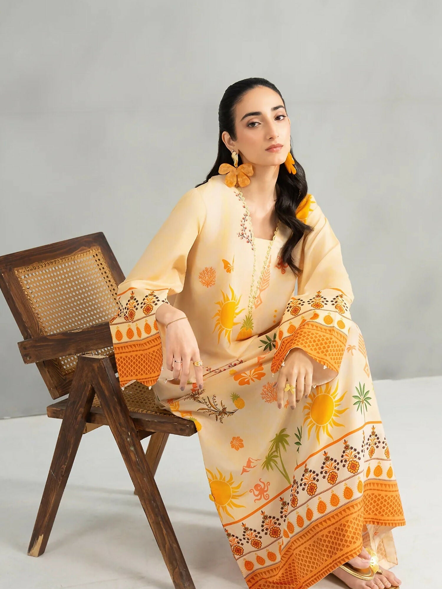 Panache Apparel Dear Summer Silk Lawn Printed Kaftan-Yellow Bloom