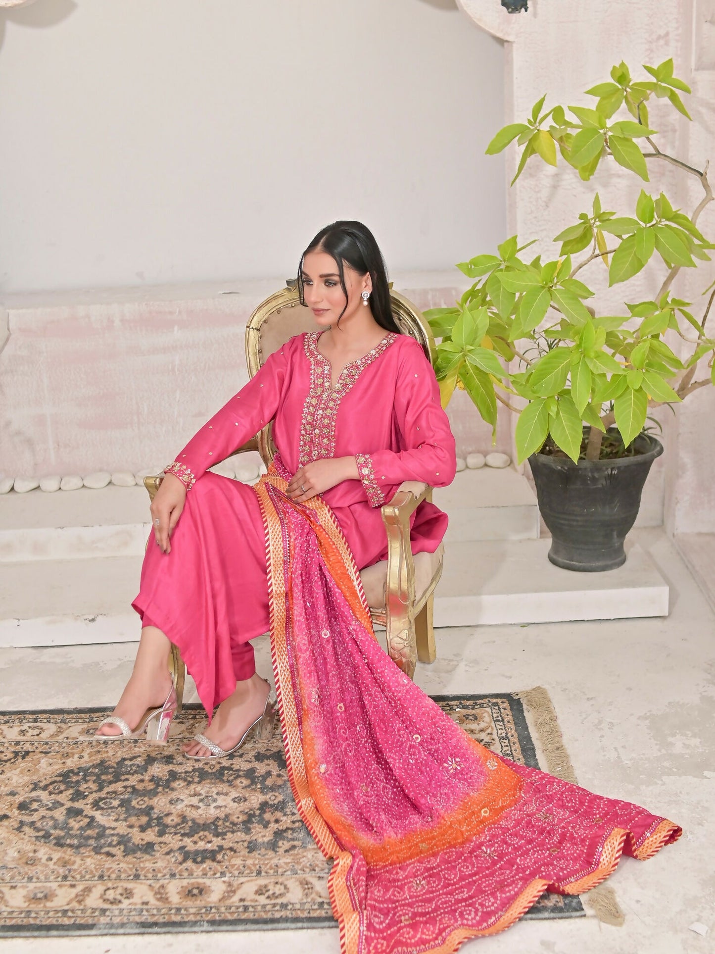 Ruby's Couture Shireen Raw Silk Embroidered Stitched 3-Piece Suit-Basanti
