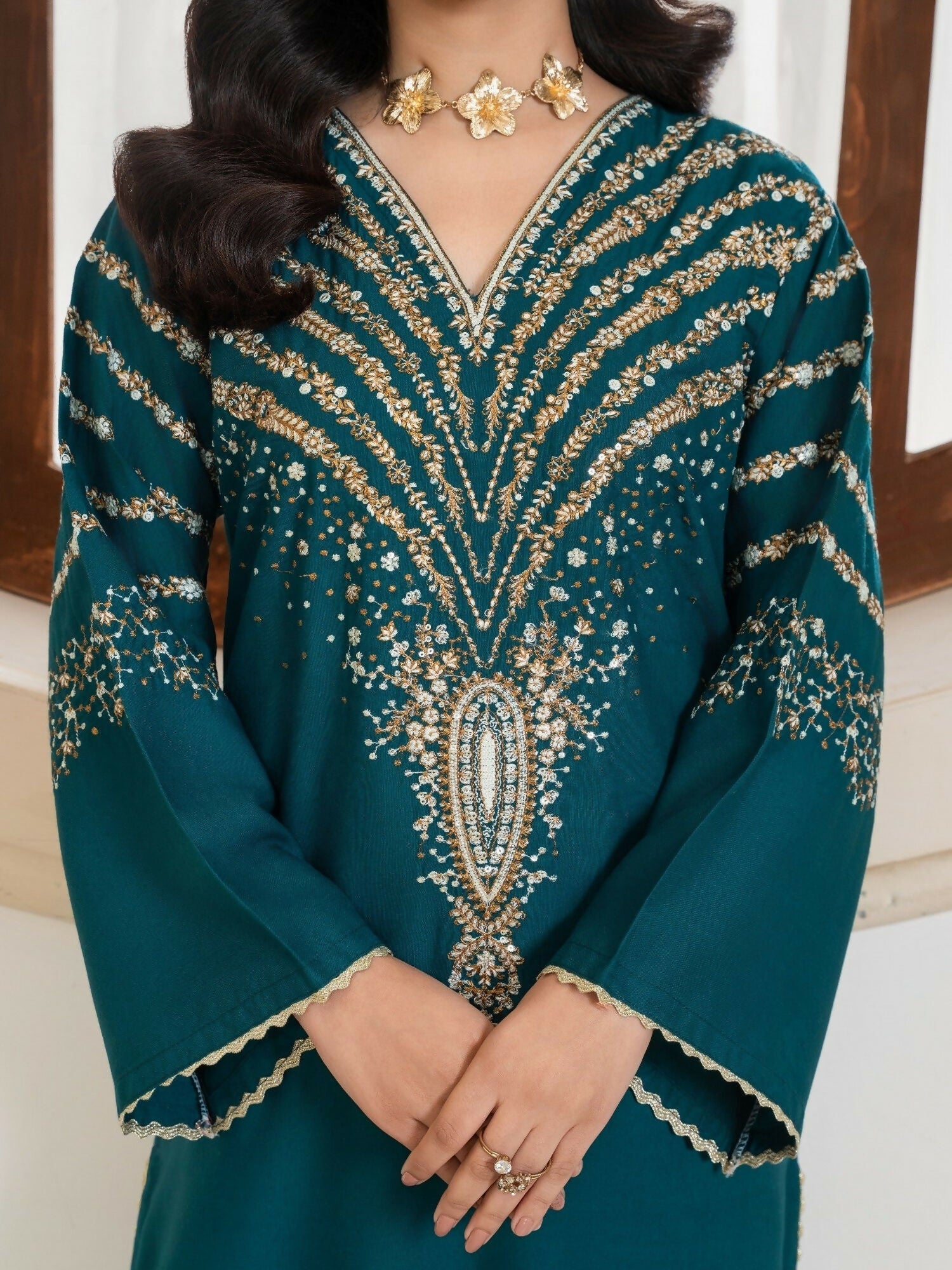 Stylish Collection Royal Pret Dhanak Linen Embroidered Stitched 3-Piece Suit-Jazmine Teal