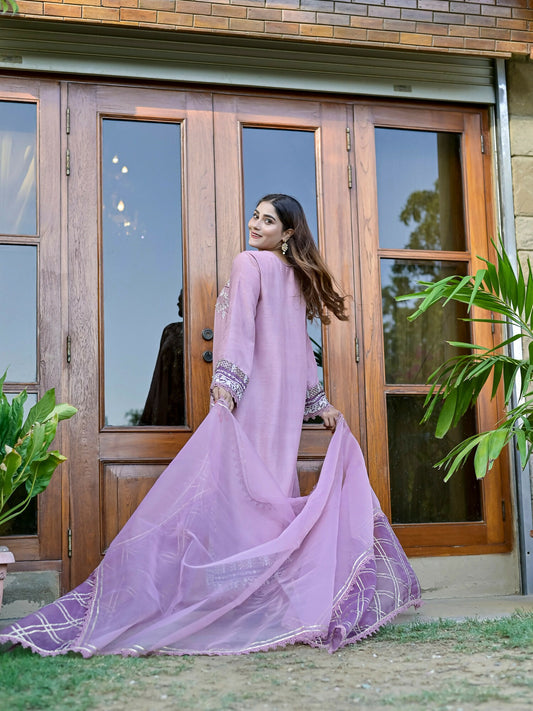 Farooq Hameed Studio Korean Raw Silk Embroidered Stitched 3-Piece Suit-Rhea