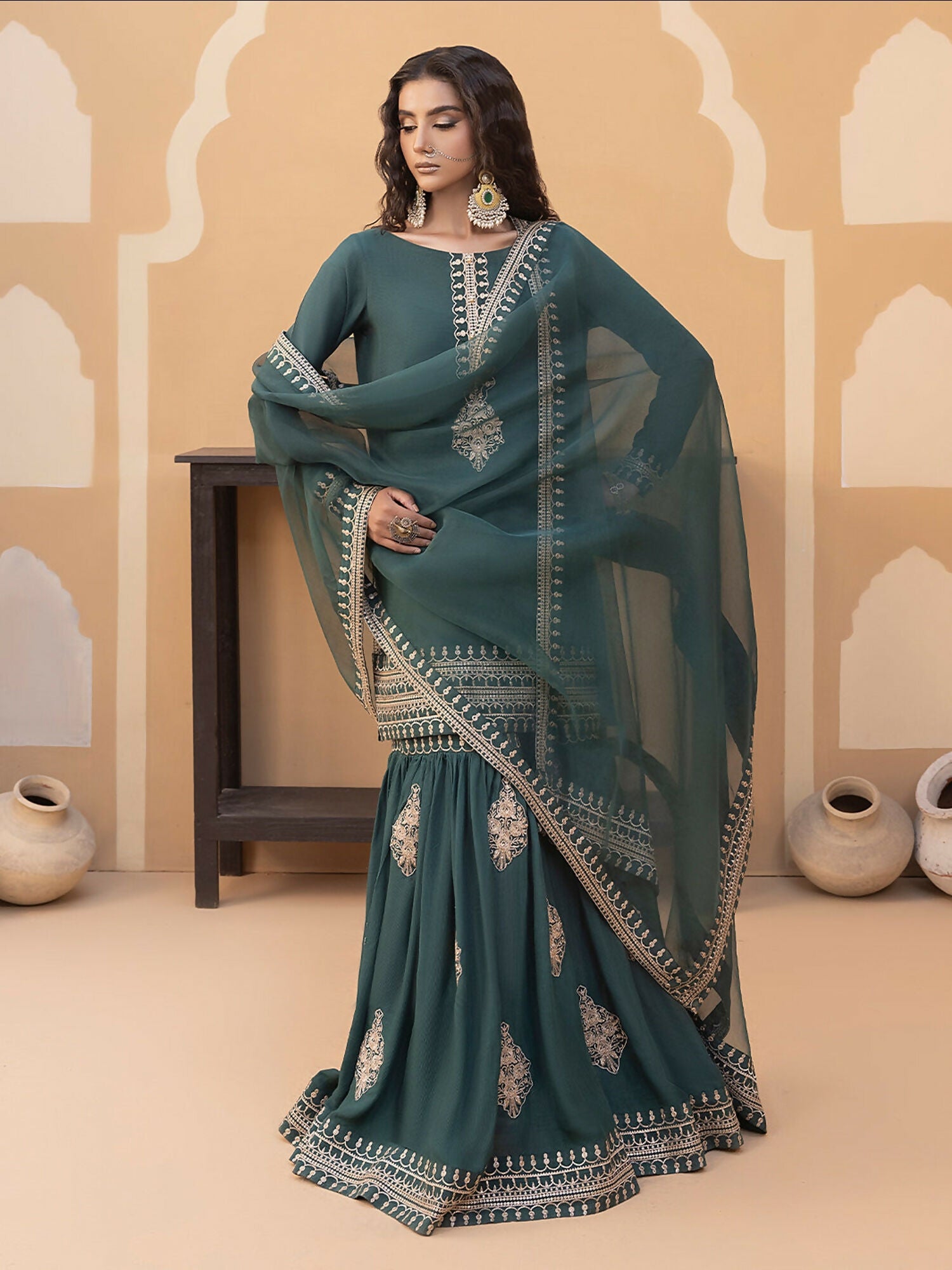 Hemstitch Raw Silk Embroidered Stitched Gharara-Jasmine